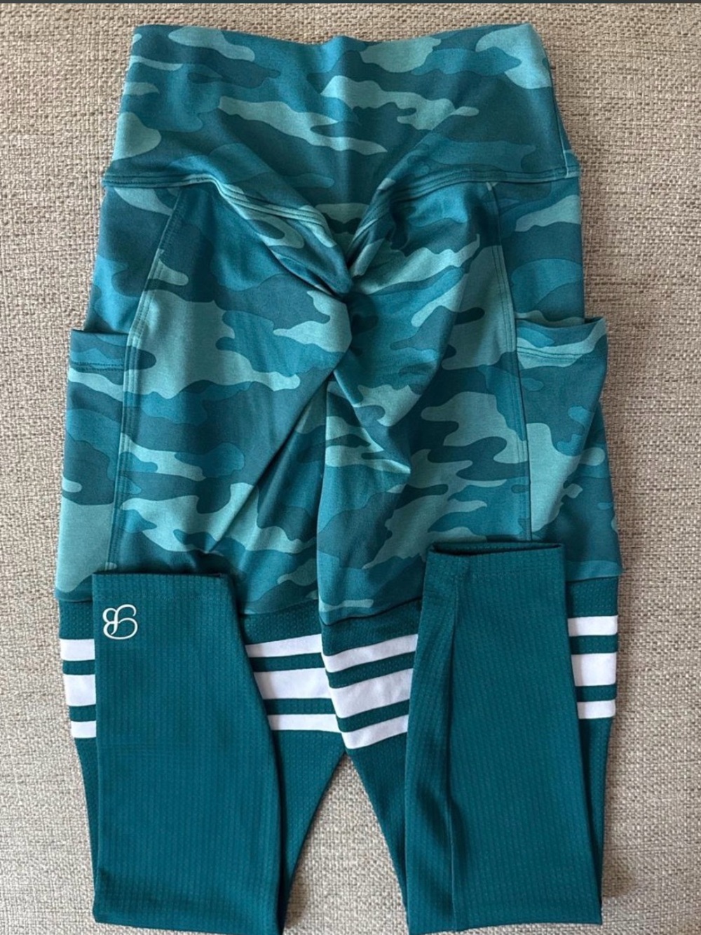 Bombshell Sportswear Teal Camo Kids Athletic Leggings with Striped Cuffs